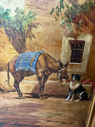 ⚜ Cuadro antiguo al óleo: Burro y perro