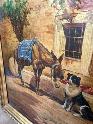 ⚜ Cuadro antiguo al óleo: Burro y perro