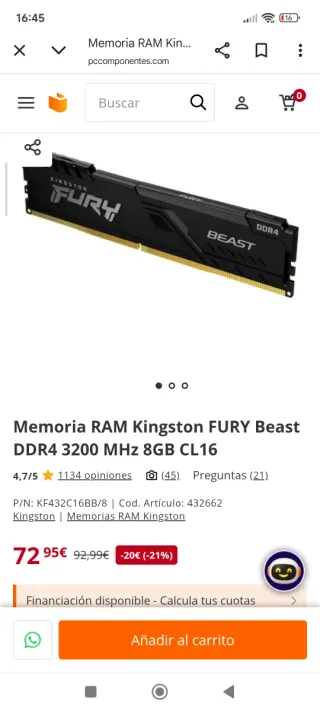 Kingston FURY Beast DDR4 8GB 3200MHz CL16