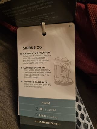 zaino REGOLABILE Osprey rosso Sirrus 26 *NEW