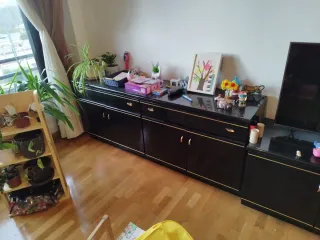 Mueble de salón negro y dorado