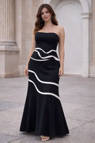 Vestido fiesta satén negro y blanco