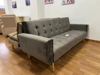 Sofá Cama Terciopelo Beige Patas Doradas