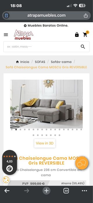 Sofá Chaise longue 3 plazas MOSCU Gris