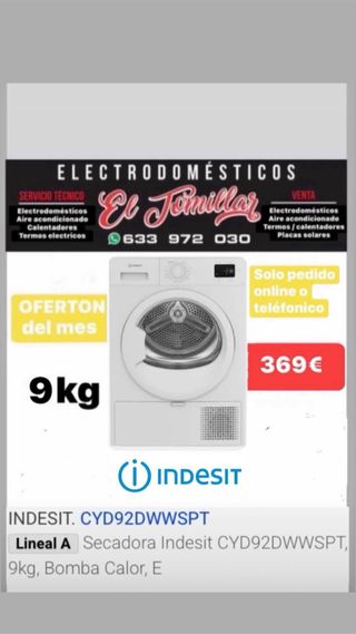 Secadora Indesit 9kg Bomba Calor CYD92DWWSPT