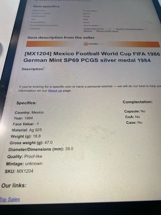 Medalla Plata 925 Copa Mundo FIFA 1986