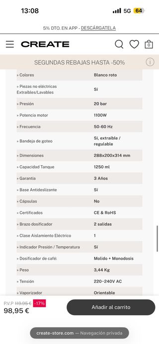 Cafetera Create Blanco roto