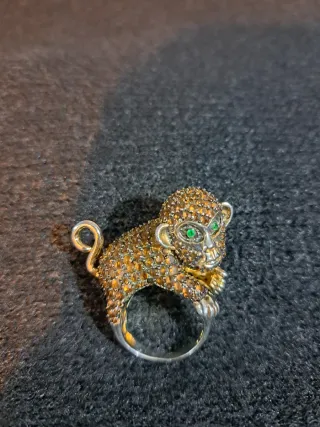 Anello Argento Scimmia Zirconi Verdi e Ambra