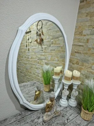 Espejo ovalado madera blanco.