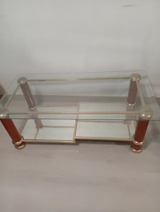 Juego 2 mesas auxiliares cristal y madera