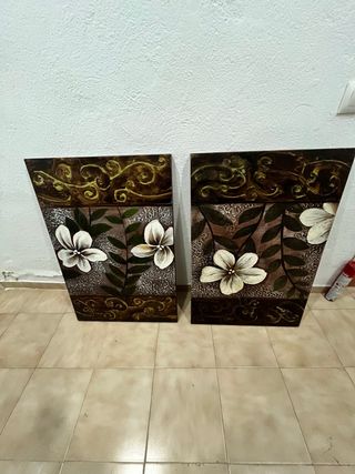 Set 2 Cuadros Flores Marrones y Blancas