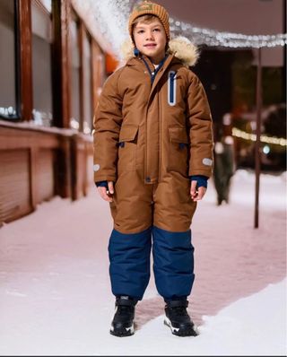 Mono de nieve marrón y azul