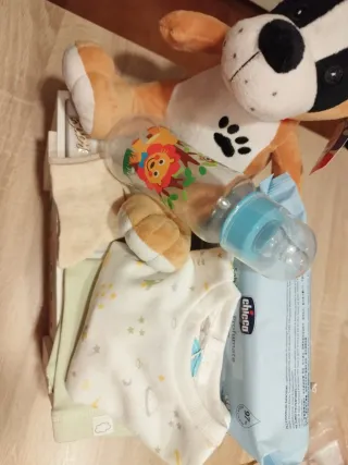 Cesta regalo bebé peluche, biberón y ropita