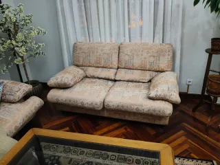 2 Sofás de tela beige y multicolor