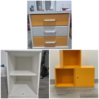 Lote Muebles: Mesa noche, Estanteria y 3 Cubos