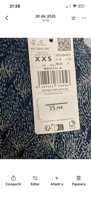 Vestido Mango Azul Talla XXS