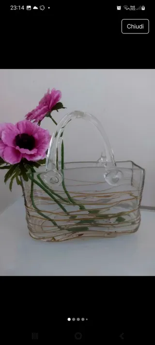 Vaso cristallo borsa fiori rosa trasparente