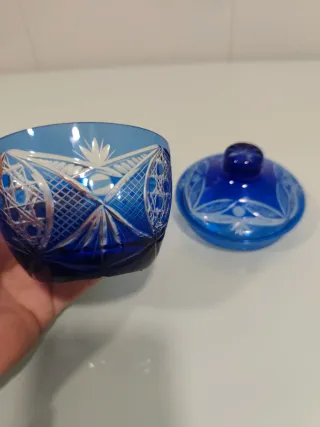 Azucarera/Bombonera Cristal Tallado Azul, Vintage