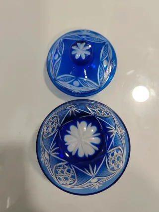 Azucarera/Bombonera Cristal Tallado Azul, Vintage