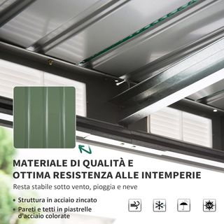 Casita de Jardín de Acero con Techo Inclinado, Doble Puerta Corredera y Ventilaciones, 213X130X173 Cm, Verde