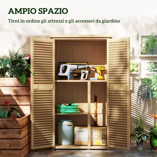 Caseta de Herramientas de Jardín de Madera de Abeto y Pino con 4 Compartimentos, Armario de Exterior para Herramientas de Jardín con Techo Impermeable, 87X46.5X160Cm, Amarillo