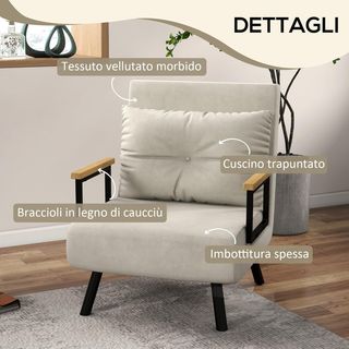 Poltrona Cama 4 en 1, Sillón Plegable Con Respaldo Regulable en 5 Posiciones, Sofá Cama Con Cojín, Asiento Acolchado, en Terciopelo para Casa y Oficina, 63X73X81 Cm, Blanco Crema