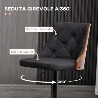 Conjunto de 2 Taburetes de Bar Giratorios para Cocina y Sala de Estar, Taburetes Modernos de Altura Ajustable en Tejido Transpirable, 47.5X50X93.5-116 Cm, Negro y Nogal