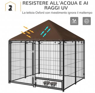 Recinto para Perros de Metal con Puerta para Comederos, Cercado para Perros de Exterior con Cubierta de Tela Oxford, 141X141X151 Cm, Negro y Marrón