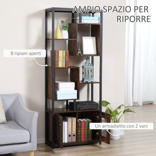 Mueble Librería Estante en Estilo Industrial Con Armario de 2 Puertas, Estante Ahorra Espacio de 8 Estantes para Casa y Oficina, 70X30X180Cm, Marrón