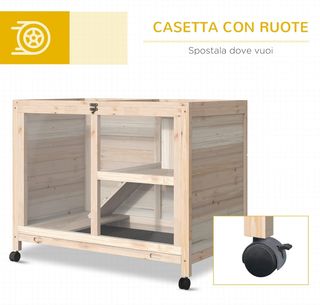 Conejera de Madera de 2 Niveles con Casita para Conejos y Cobayas, Jaula para Conejos con Rampa y Bandeja Extraíble, 91.5X53.3X73Cm, Color Madera