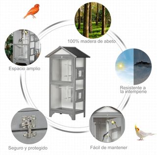 Jaula para Aves de Exterior en Madera de Abeto y Metal, Voladera para Aves con 3 Aberturas con Bloqueo, 4 Posaderos y Bandeja Extraíble, 80.5X57X153 Cm, Gris Claro