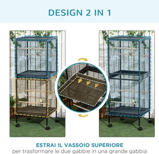 Jaula para Aves 2 en 1 Voladera para Interiores Con 4 Ruedas Giratorias, Bandejas Extraíbles Y Contenedores de Plástico, 51.5X50X140 Cm, Negro