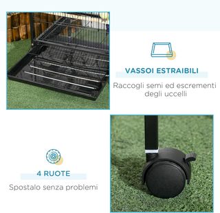 Jaula para Aves 2 en 1 Voladera para Interiores Con 4 Ruedas Giratorias, Bandejas Extraíbles Y Contenedores de Plástico, 51.5X50X140 Cm, Negro