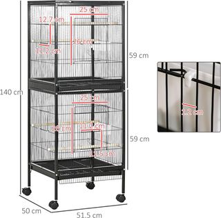 Jaula para Aves 2 en 1 Voladera para Interiores Con 4 Ruedas Giratorias, Bandejas Extraíbles Y Contenedores de Plástico, 51.5X50X140 Cm, Negro