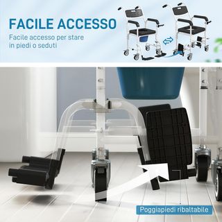 Silla de Ruedas Con WC Impermeable 4 en 1, Silla Cómoda WC para Ancianos y Discapacitados Con Ruedas, Freno y Porta Rollos, Carroza Silla de Ducha Baño Con Reposapiés Plegables y Apoyabrazos, Negro