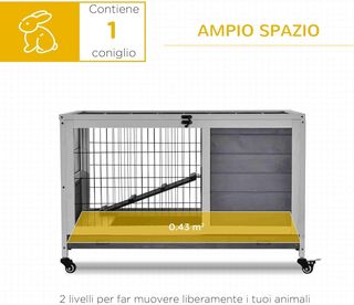 Jaula para Conejos y Cobayas con Ruedas, Casa, Rampa y Bandeja Extraíble, Madera Natural, Gris, 90X53X59 Cm