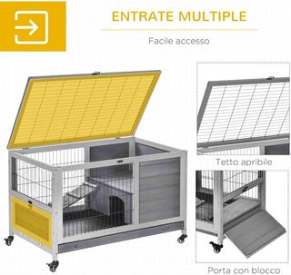 Jaula para Conejos y Cobayas con Ruedas, Casa, Rampa y Bandeja Extraíble, Madera Natural, Gris, 90X53X59 Cm