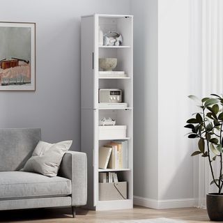 Mueble de Baño Con 2 Armarios y Puertas, Columna de Baño Ahorra Espacio Con Estantes Regulables, para Comedor, Sala, Salón, Cocina, 40X35X180 Cm, Blanco