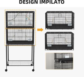 Jaula para Aves de Acero y PP, Diseño Apilado con Posaderos, Columpios y Escaleras, 77X46X164 Cm, Negro