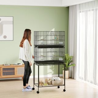 Jaula para Aves de Acero y PP, Diseño Apilado con Posaderos, Columpios y Escaleras, 77X46X164 Cm, Negro