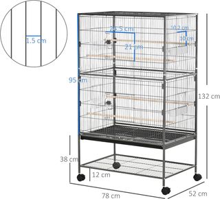 Jaula para Aves de Interior de Acero y Madera con Bandeja Extraíble, 4 Ruedas, Perchero y Contenedor de Alimentos, 78X52X132Cm, Gris Oscuro