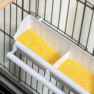 Jaula para Aves de Interior de Acero y Madera con Bandeja Extraíble, 4 Ruedas, Perchero y Contenedor de Alimentos, 78X52X132Cm, Gris Oscuro