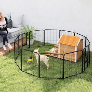 Recinto para Perros de 12 Paneles Modulares de 68X1.5X80 Cm Con Puerta de Entrada, Recinto para Cachorros de Acero Con 12 Estacas, Negro