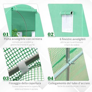 Invernadero para Huerto en Túnel 4.45X2X2 M, Con 6 Ventanas y Puerta Enrollable, Invernadero de Jardín Con Techo Redondeado, en PE y Metal, Verde