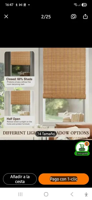 Cortina enrollable de bambú y madera 2 unidades