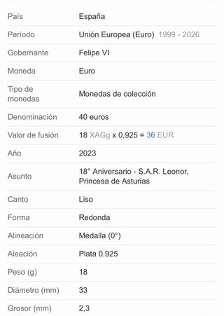 40€ Plata 2023 18 Aniversario Princesa Leonor