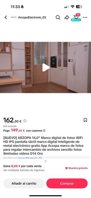 Marco Digital de fotos ARZOPA 14 WiFi 32GB tactil