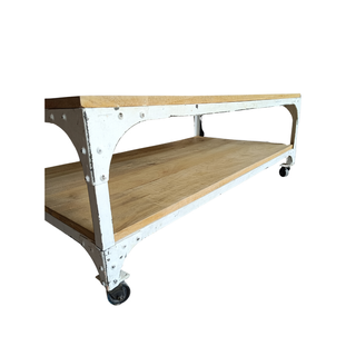 Mesa industrial hierro y madera con ruedas