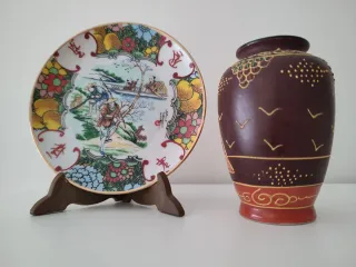 Jarrón y plato decorativo oriental