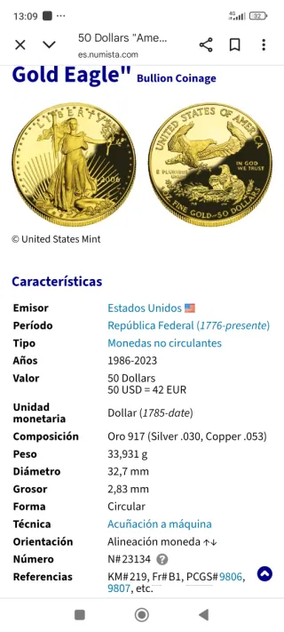 Moneda de Oro American Eagle 1 oz